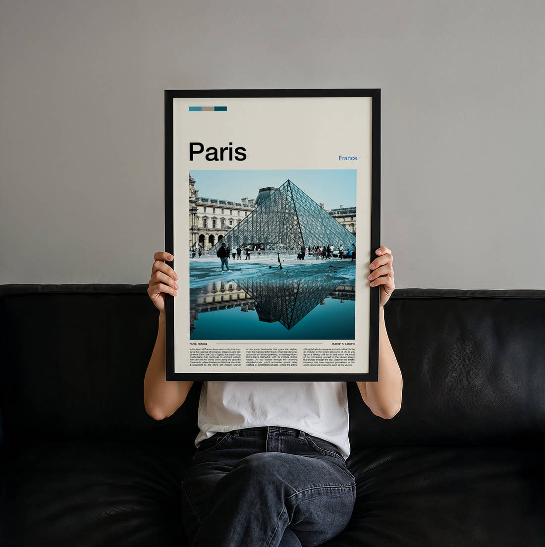 Paris Louvre Pyramid Travel Print held up by hand to show the size of the print
