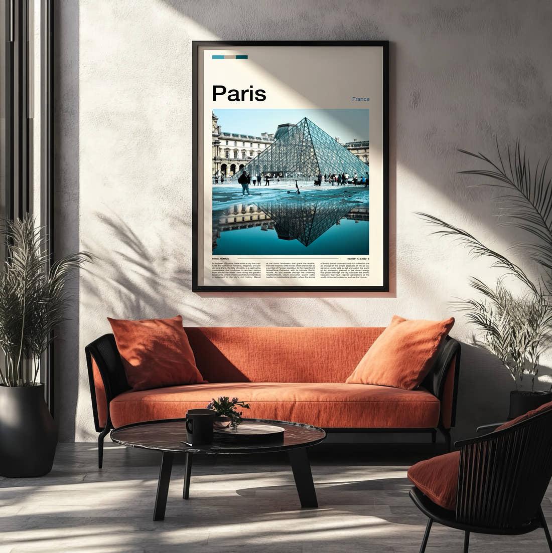 Paris Louvre Pyramid Travel Print framed on the wall of a modern living room