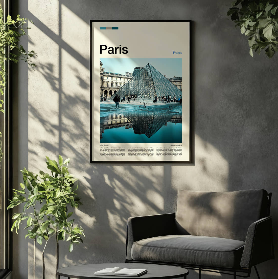 Paris Louvre Pyramid Travel Print framed on the wall of a relaxed living room