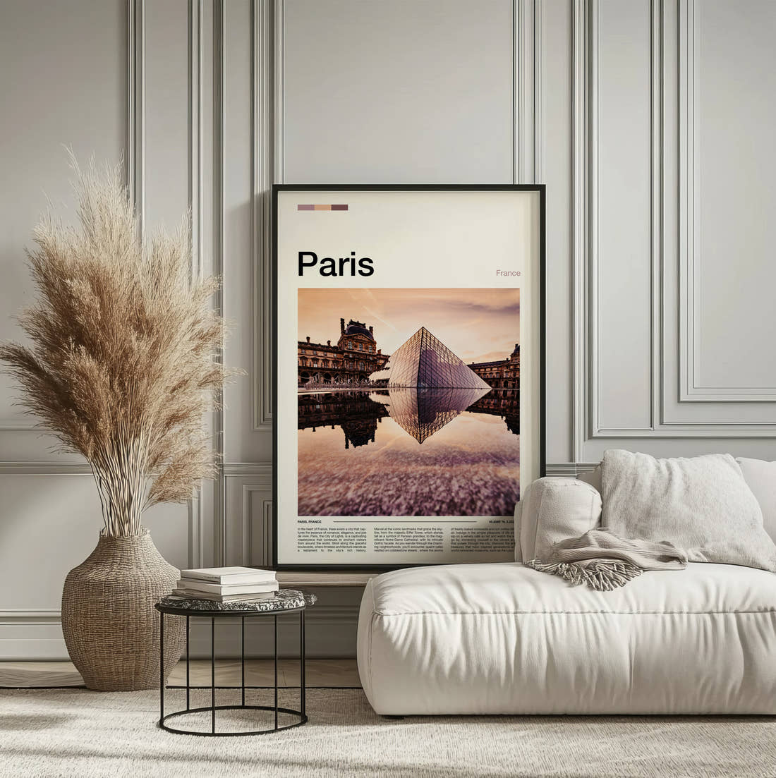 Paris Louvre Pyramid Reflection Travel Print framed on the wall of a calm, neutral bedroom