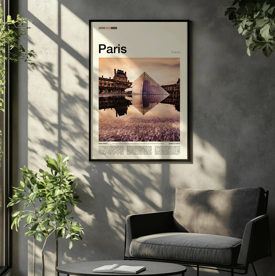 Paris Louvre Pyramid Reflection Travel Print framed on the wall of a relaxed living room