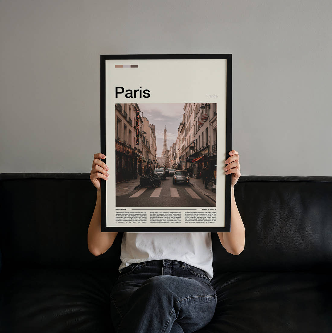 Paris Street With Eiffel Tower Travel Print held up by hand to show the size of the print