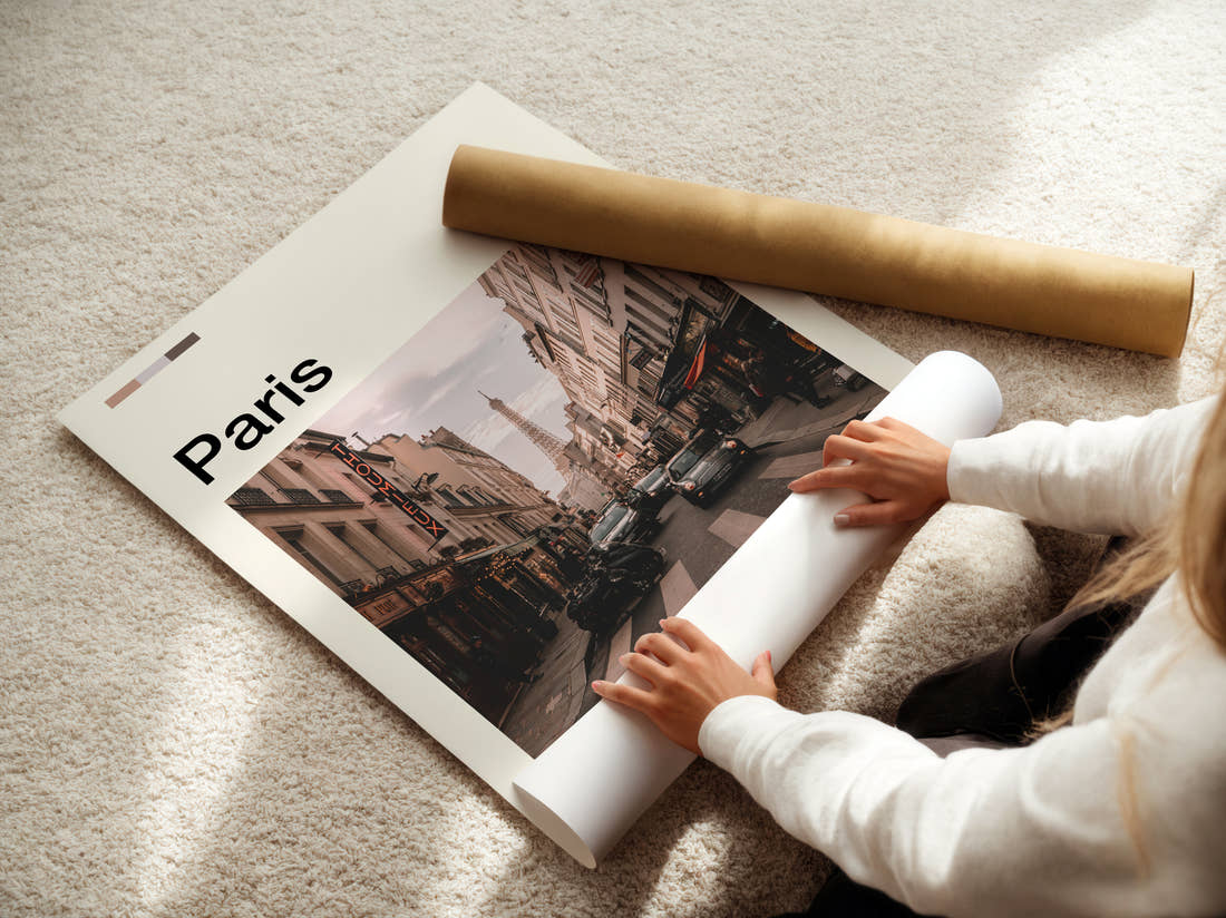 Paris Street With Eiffel Tower Travel Print being unrolled from its postal tube