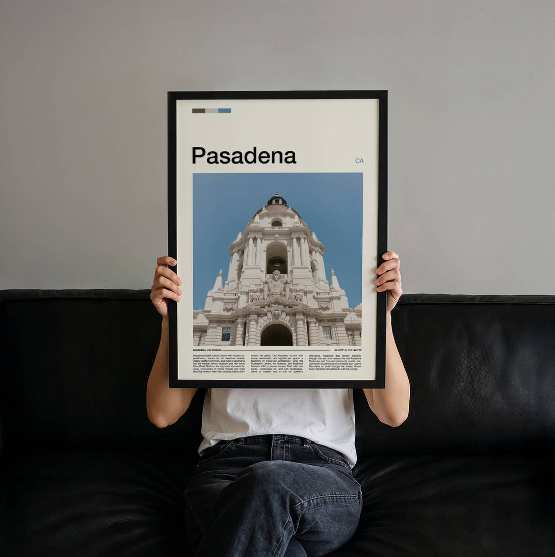 Pasadena City Hall Travel Print held up by hand to show the size of the print