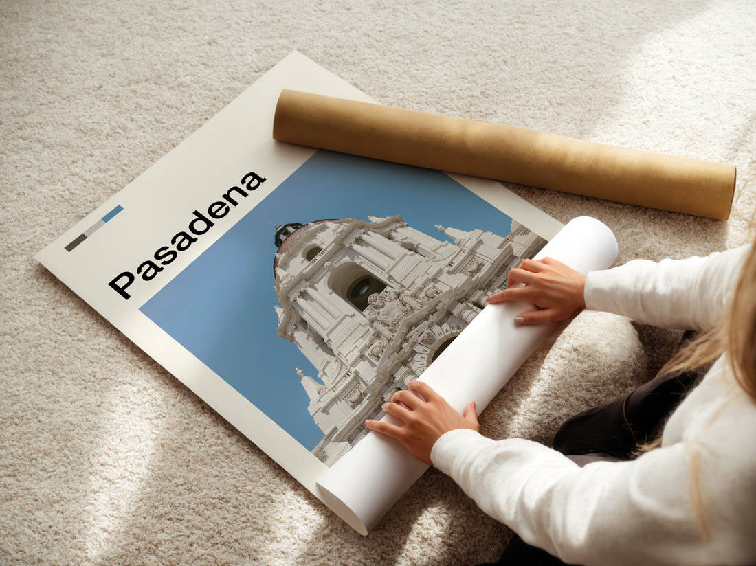 Pasadena City Hall Travel Print being unrolled from its postal tube