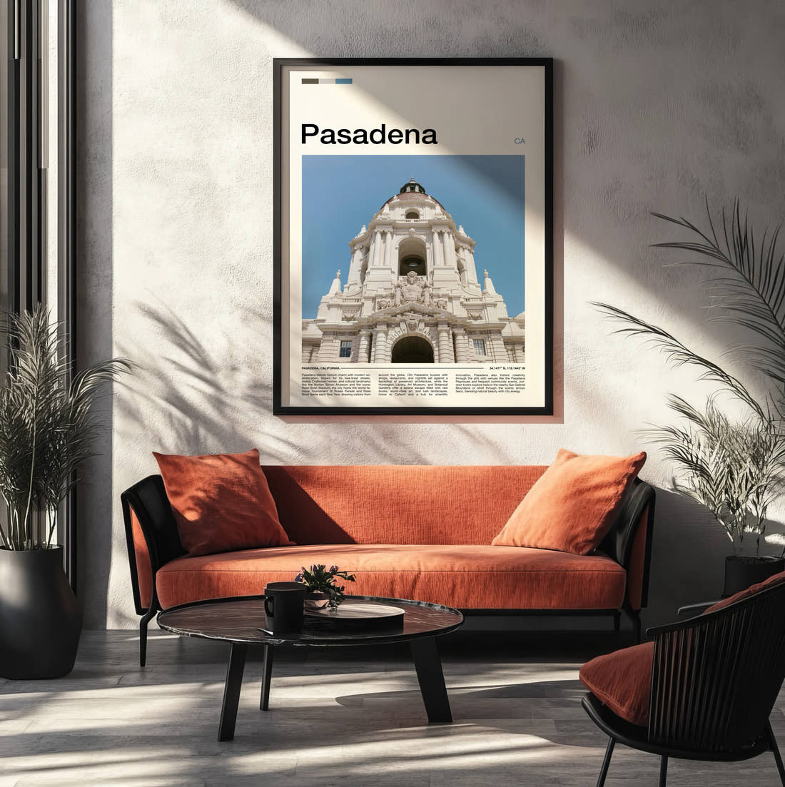Pasadena City Hall Travel Print framed on the wall of a modern living room