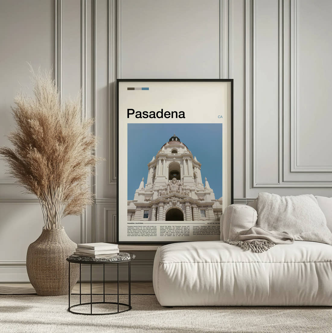Pasadena City Hall Travel Print framed on the wall of a calm, neutral bedroom