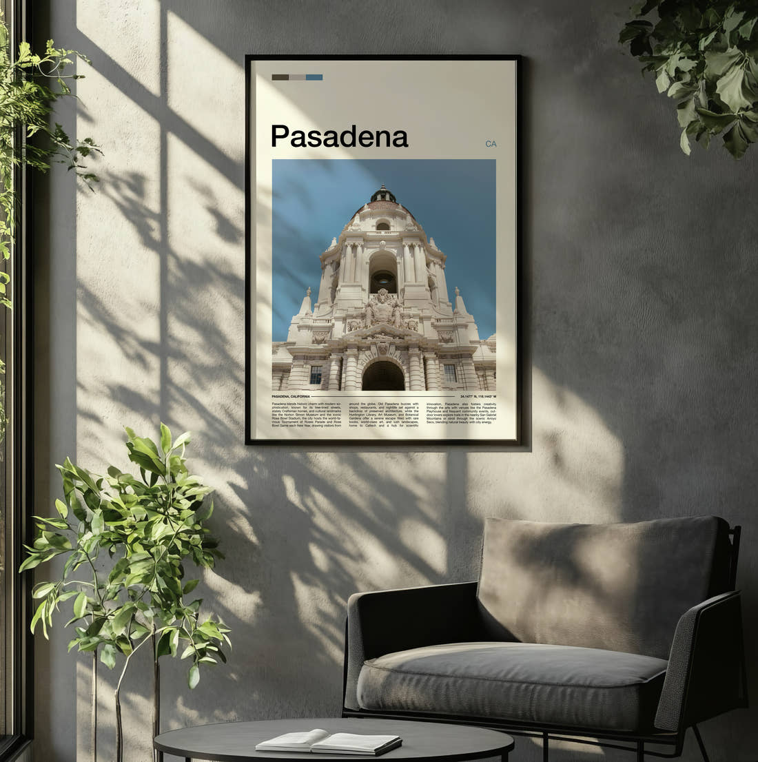 Pasadena City Hall Travel Print framed on the wall of a relaxed living room