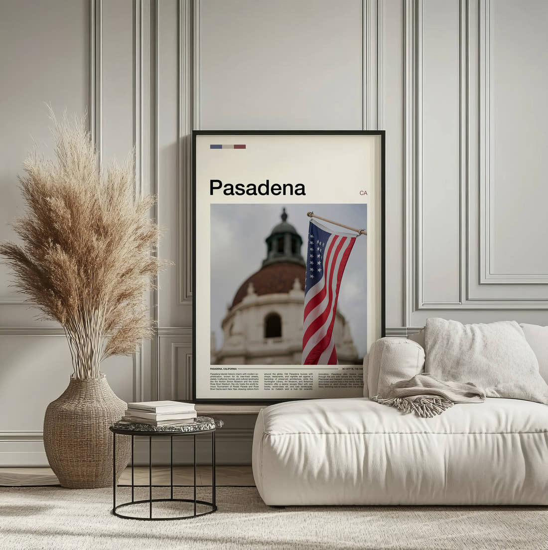 Pasadena American Flag Travel Print framed on the wall of a calm, neutral bedroom