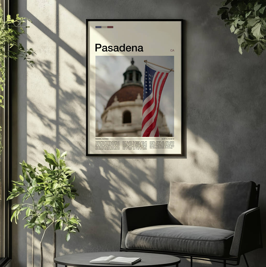 Pasadena American Flag Travel Print framed on the wall of a relaxed living room