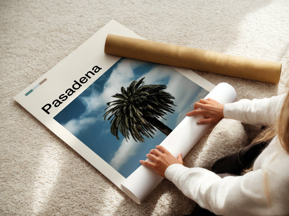 Pasadena Palm Tree Travel Print being unrolled from its postal tube