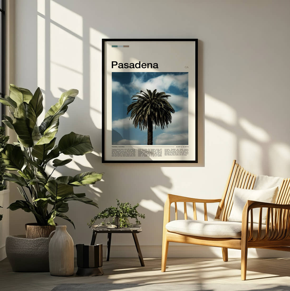 Pasadena Palm Tree Travel Print framed on a pale wall beside houseplants