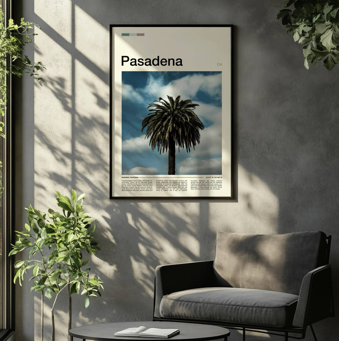 Pasadena Palm Tree Travel Print framed on the wall of a relaxed living room