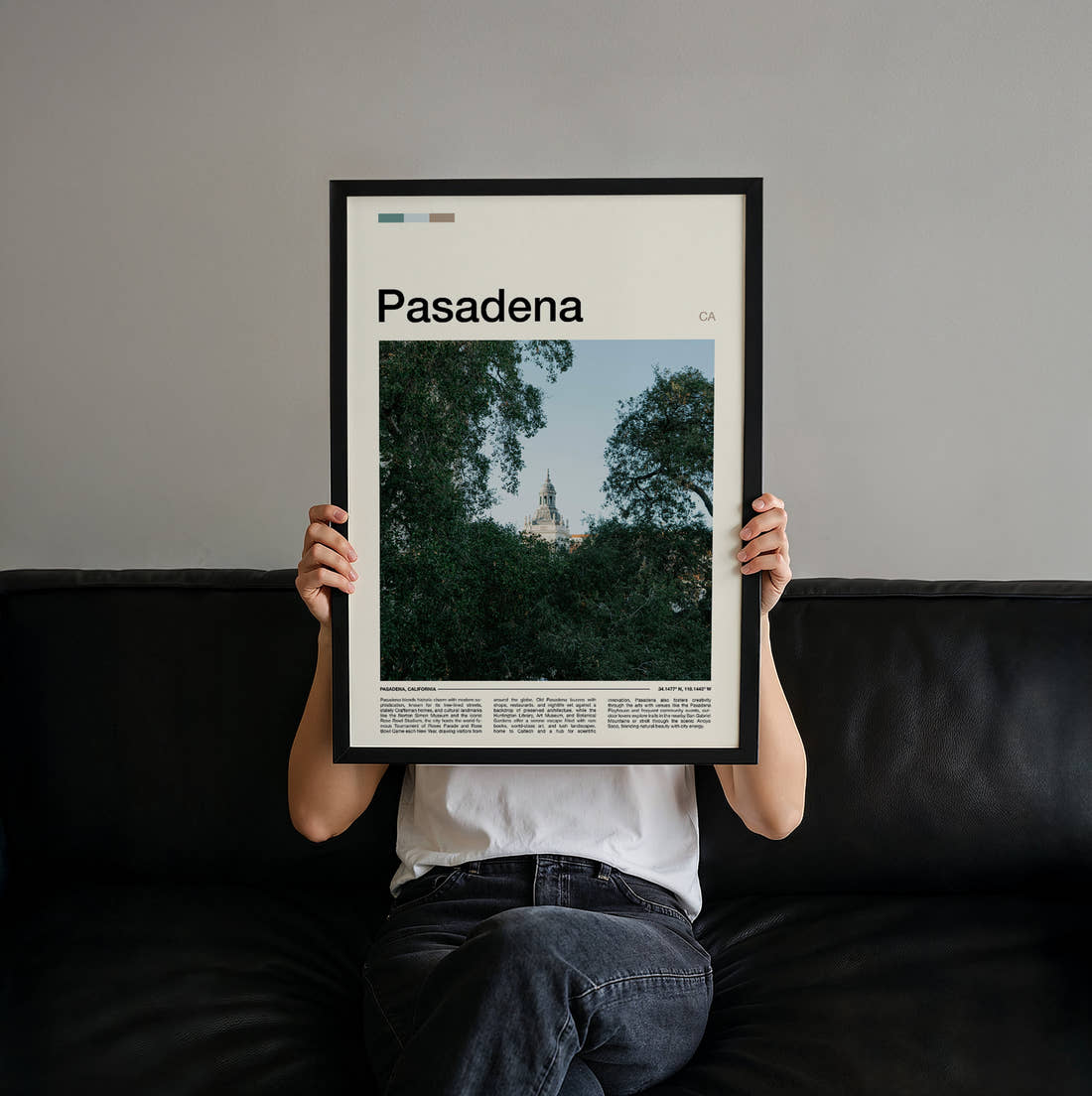 Pasadena Dome Through Trees Travel Print held up by hand to show the size of the print