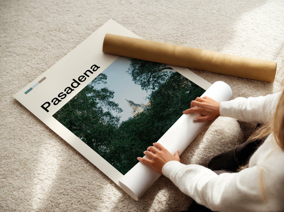 Pasadena Dome Through Trees Travel Print being unrolled from its postal tube