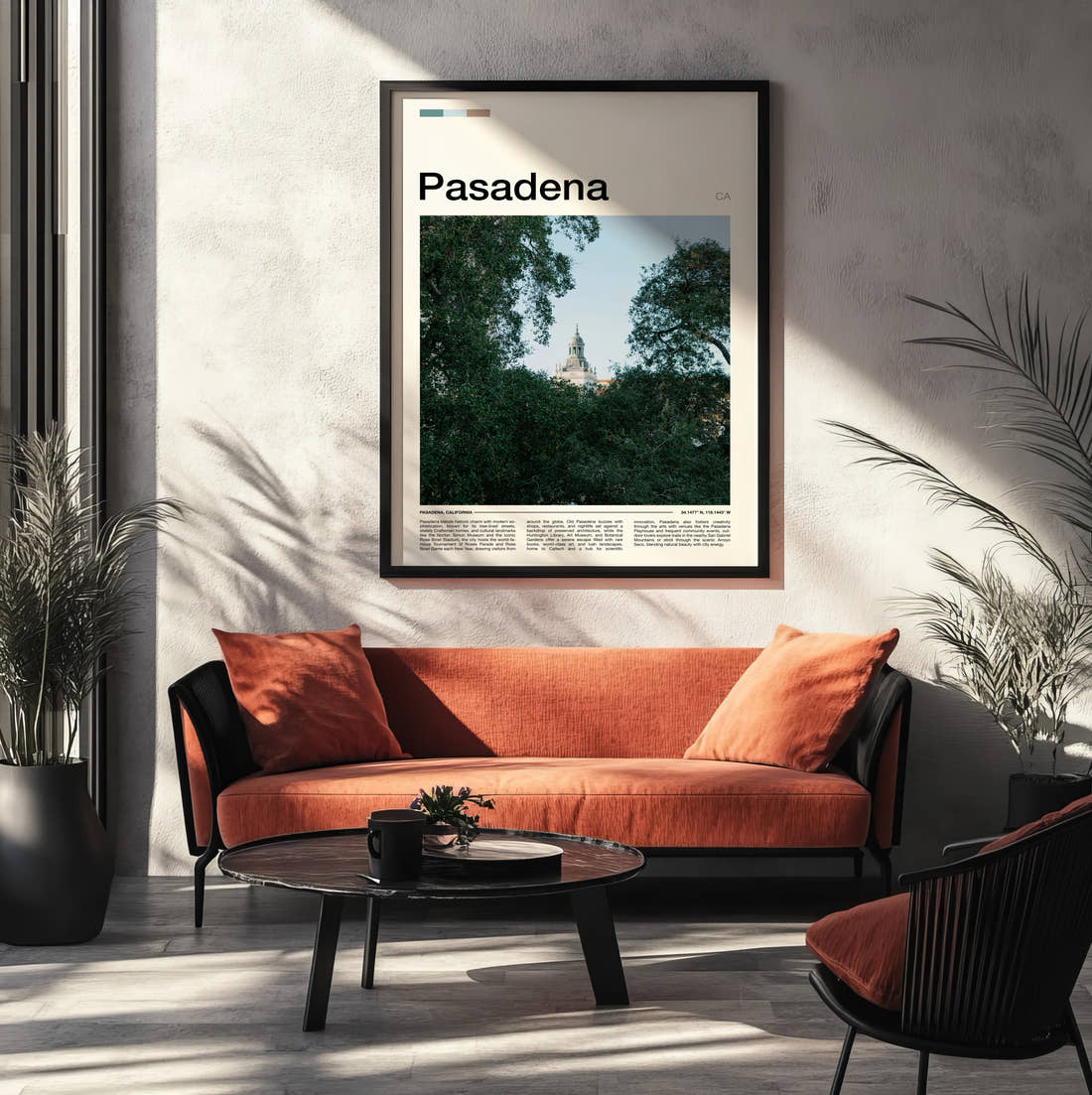 Pasadena Dome Through Trees Travel Print framed on the wall of a modern living room