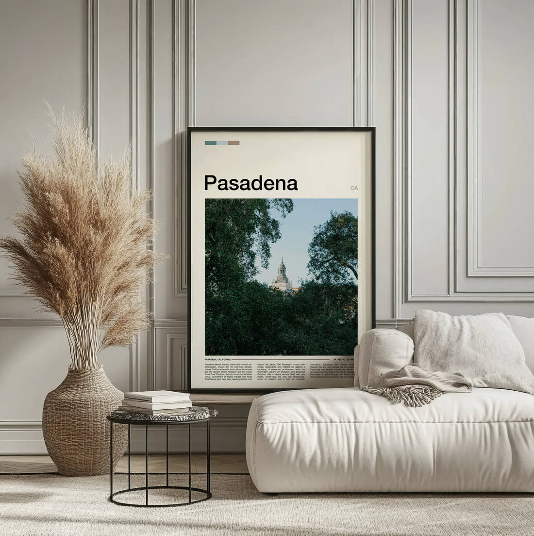 Pasadena Dome Through Trees Travel Print framed on the wall of a calm, neutral bedroom