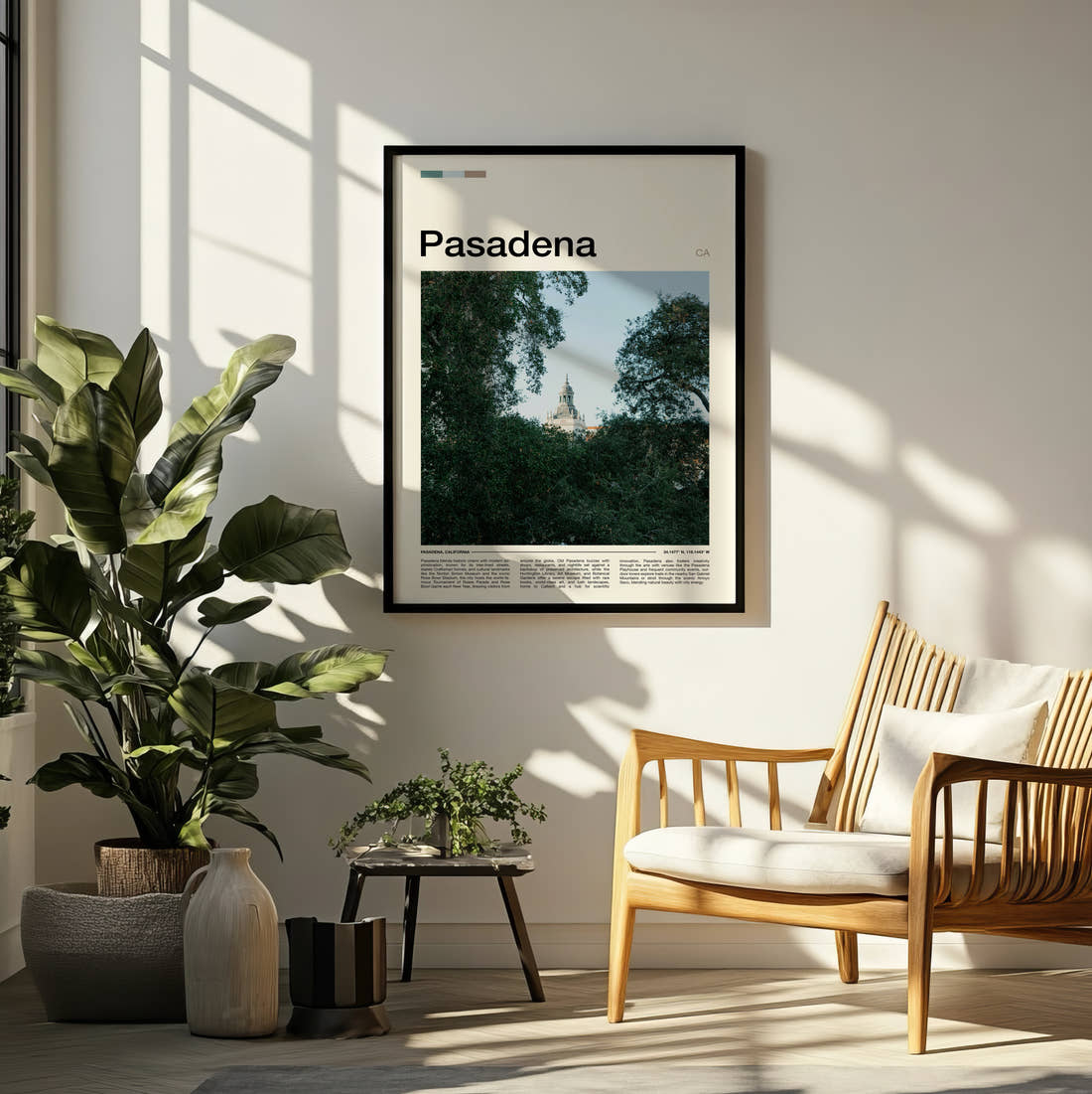 Pasadena Dome Through Trees Travel Print framed on a pale wall beside houseplants