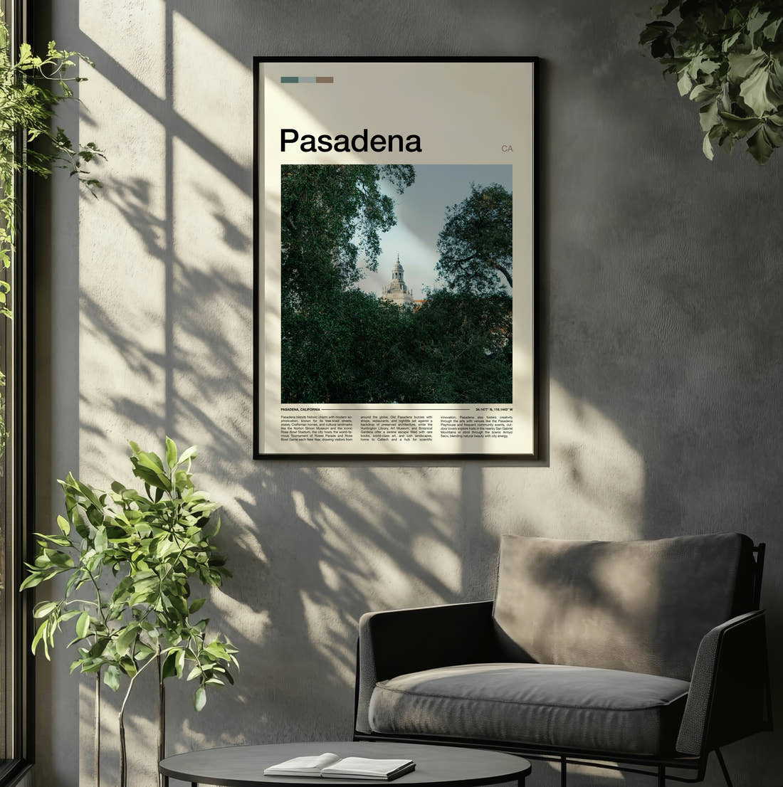 Pasadena Dome Through Trees Travel Print framed on the wall of a relaxed living room