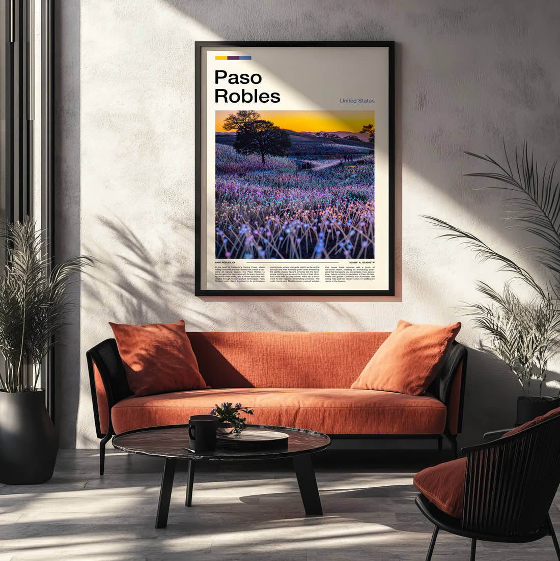 Paso Robles Field Of Light Travel Print framed on the wall of a modern living room