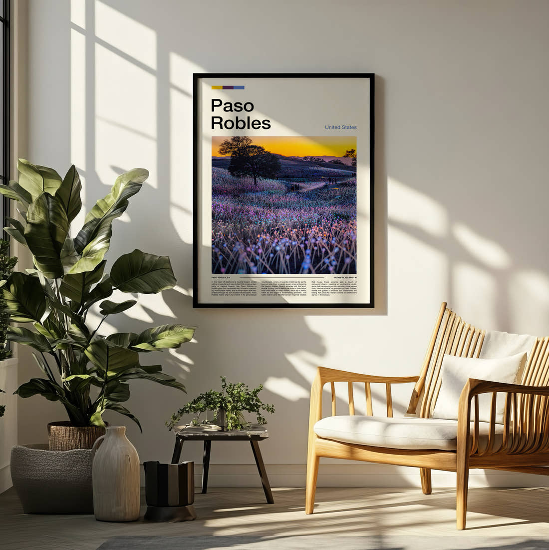 Paso Robles Field Of Light Travel Print framed on a pale wall beside houseplants