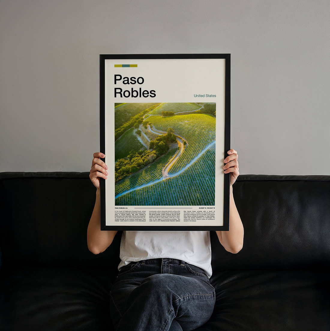 Paso Robles Vineyard From Above Travel Print held up by hand to show the size of the print