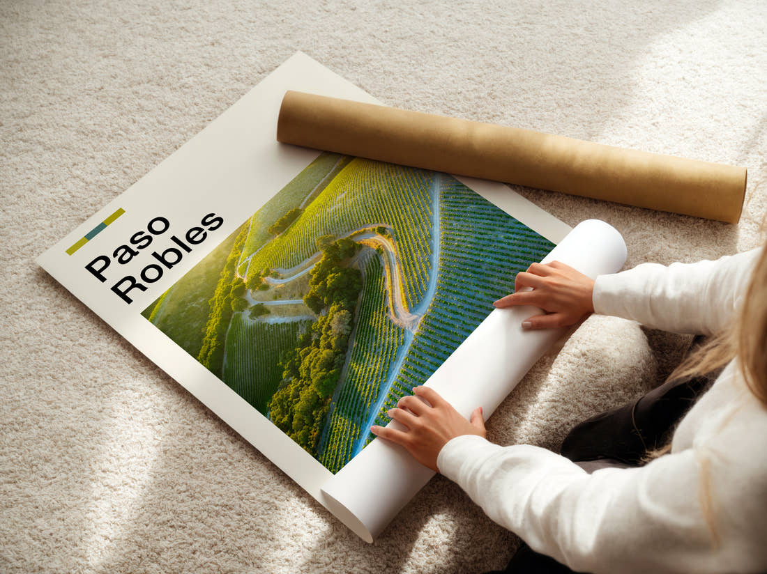 Paso Robles Vineyard From Above Travel Print being unrolled from its postal tube