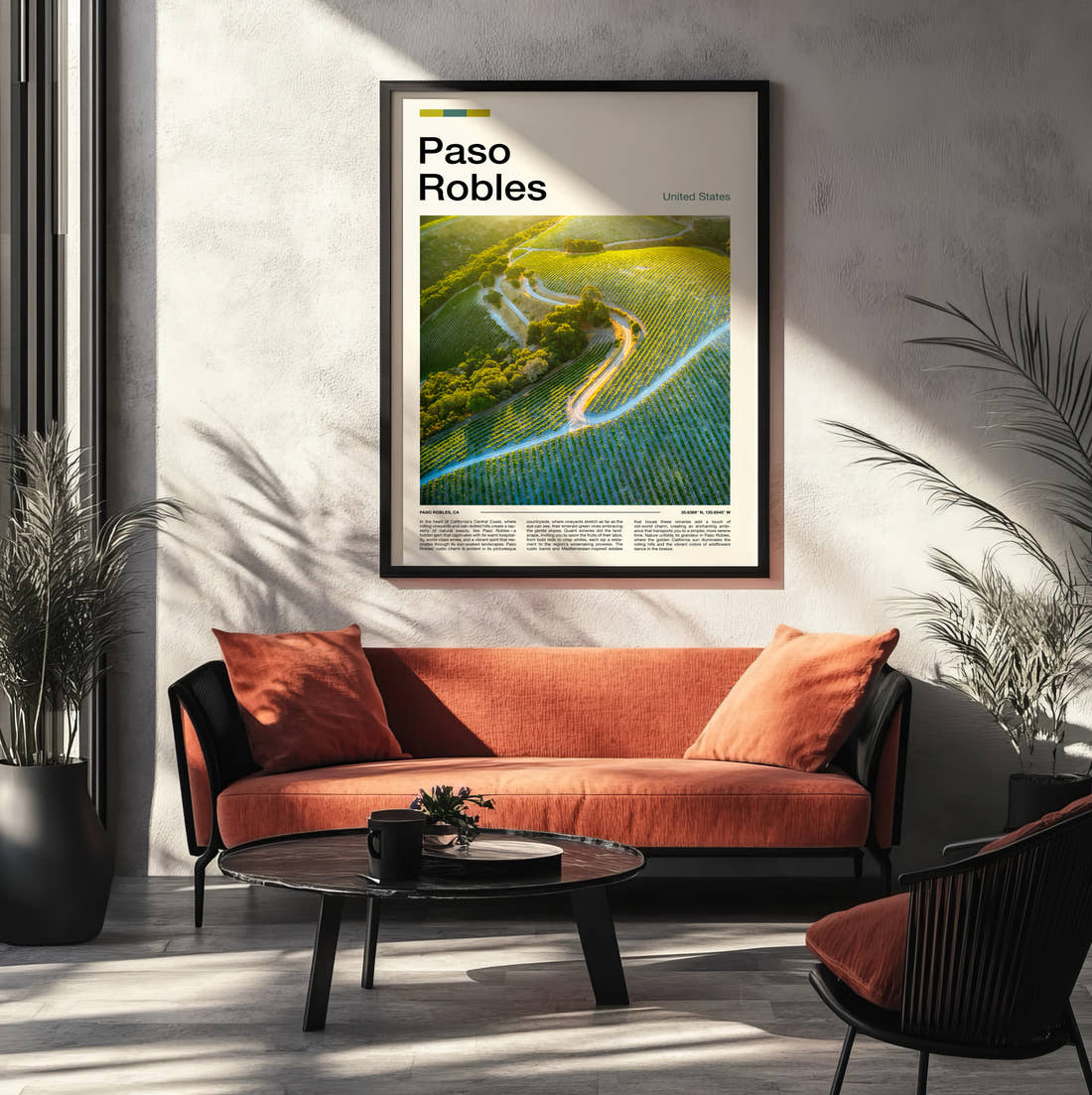 Paso Robles Vineyard From Above Travel Print framed on the wall of a modern living room