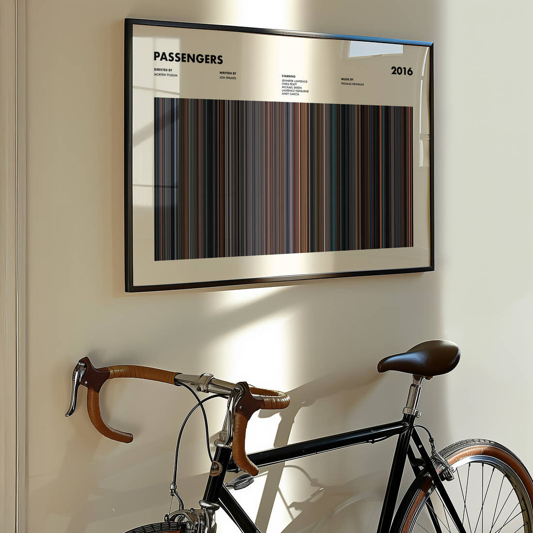 Passengers Movie Barcode Poster framed on the wall of a styled room setting