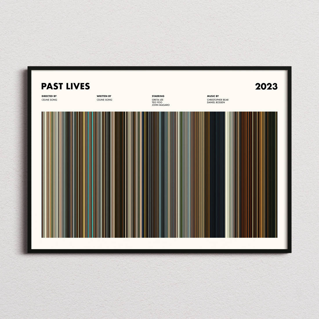 Past Lives Movie Barcode Poster framed and photographed straight on
