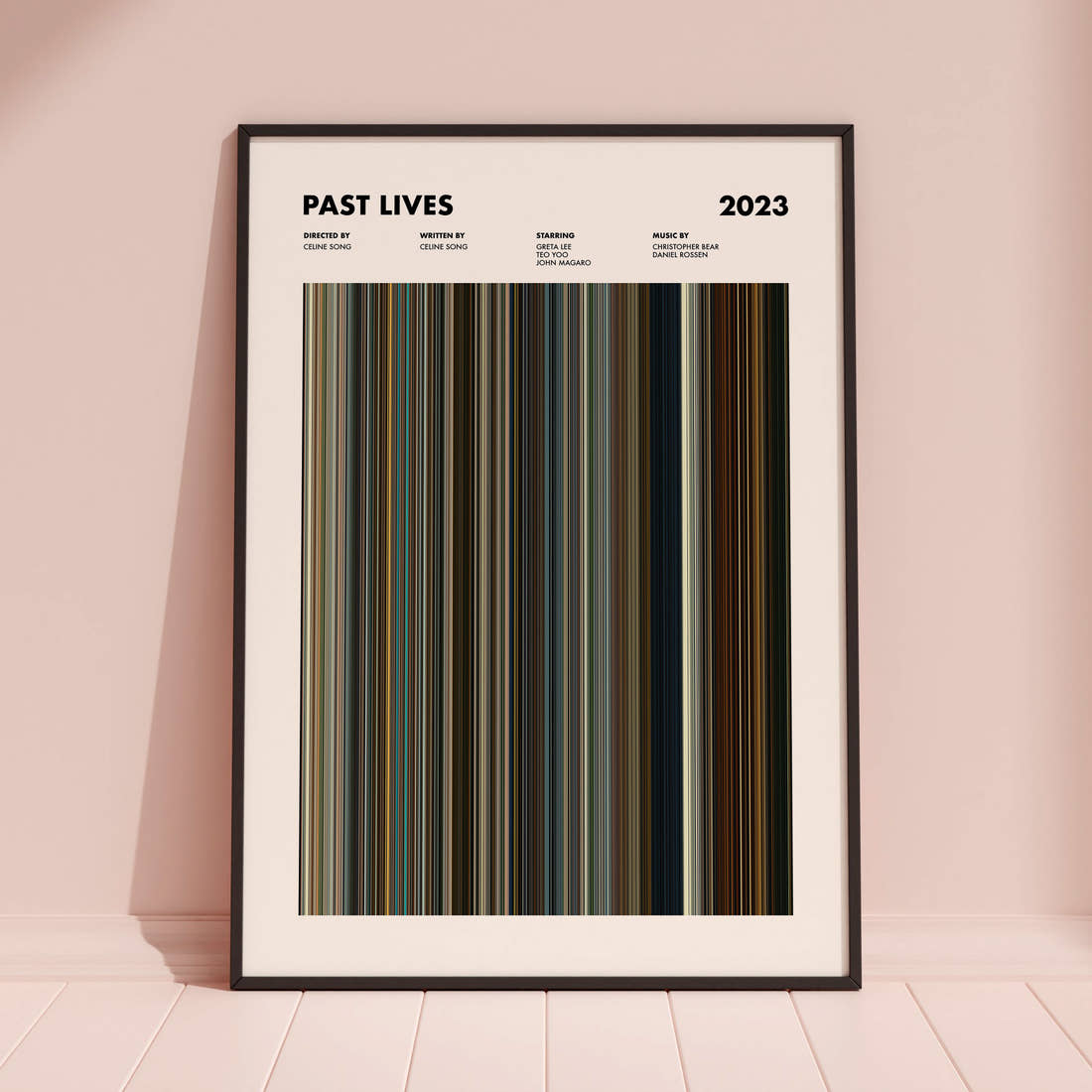 Past Lives Movie Barcode Poster framed and leaning against a coloured wall
