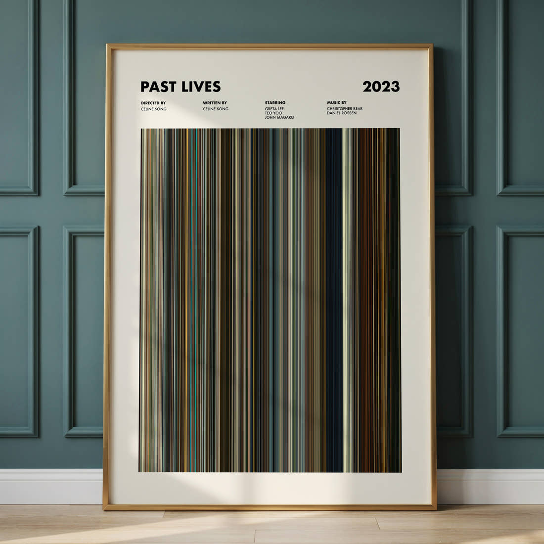 Past Lives Movie Barcode Poster framed and leaning against a panelled wall