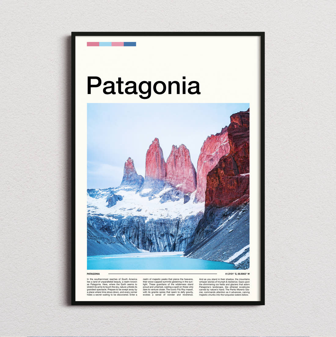 Patagonia Torres Del Paine Travel Print framed and photographed straight on