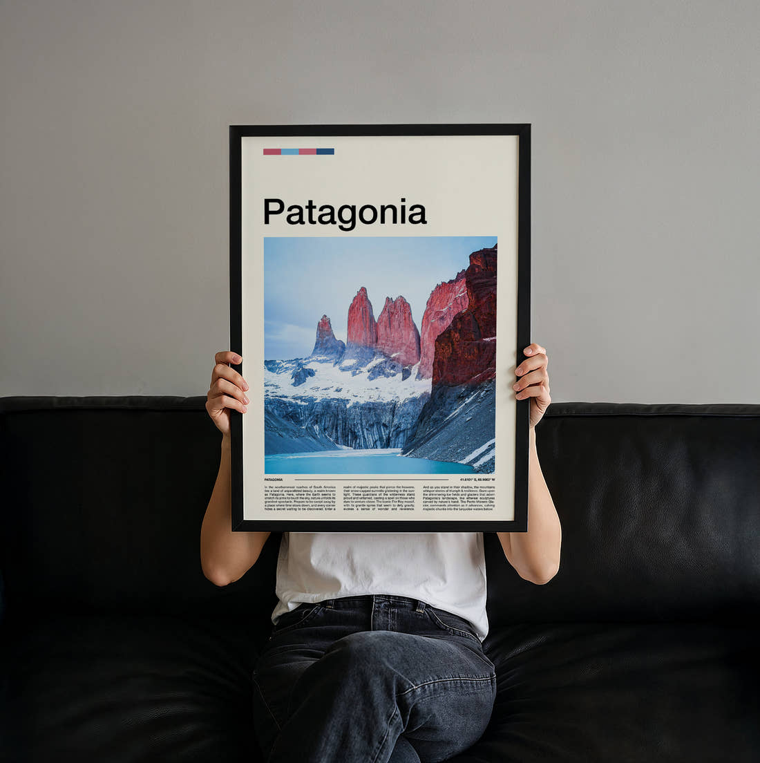 Patagonia Torres Del Paine Travel Print held up by hand to show the size of the print