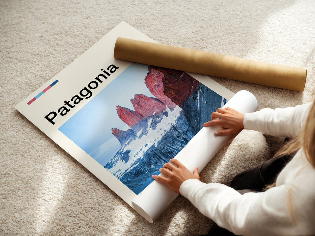 Patagonia Torres Del Paine Travel Print being unrolled from its postal tube