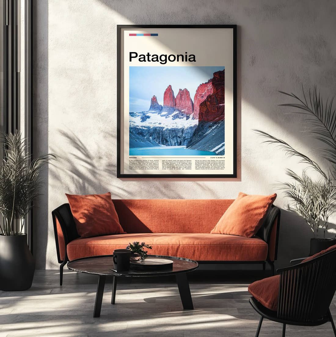 Patagonia Torres Del Paine Travel Print framed on the wall of a modern living room