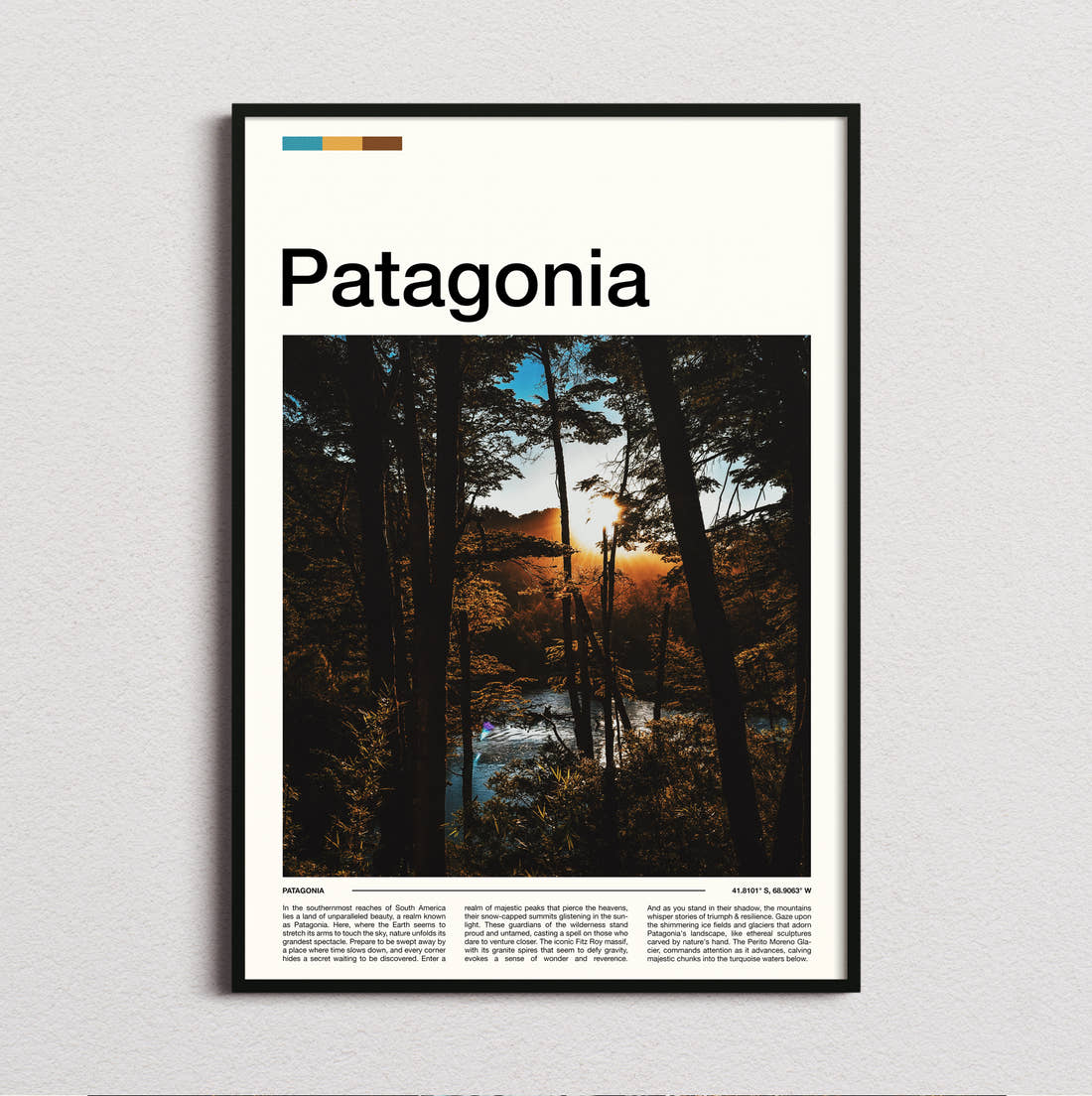 Patagonia Sunset Through Trees Travel Print framed and photographed straight on