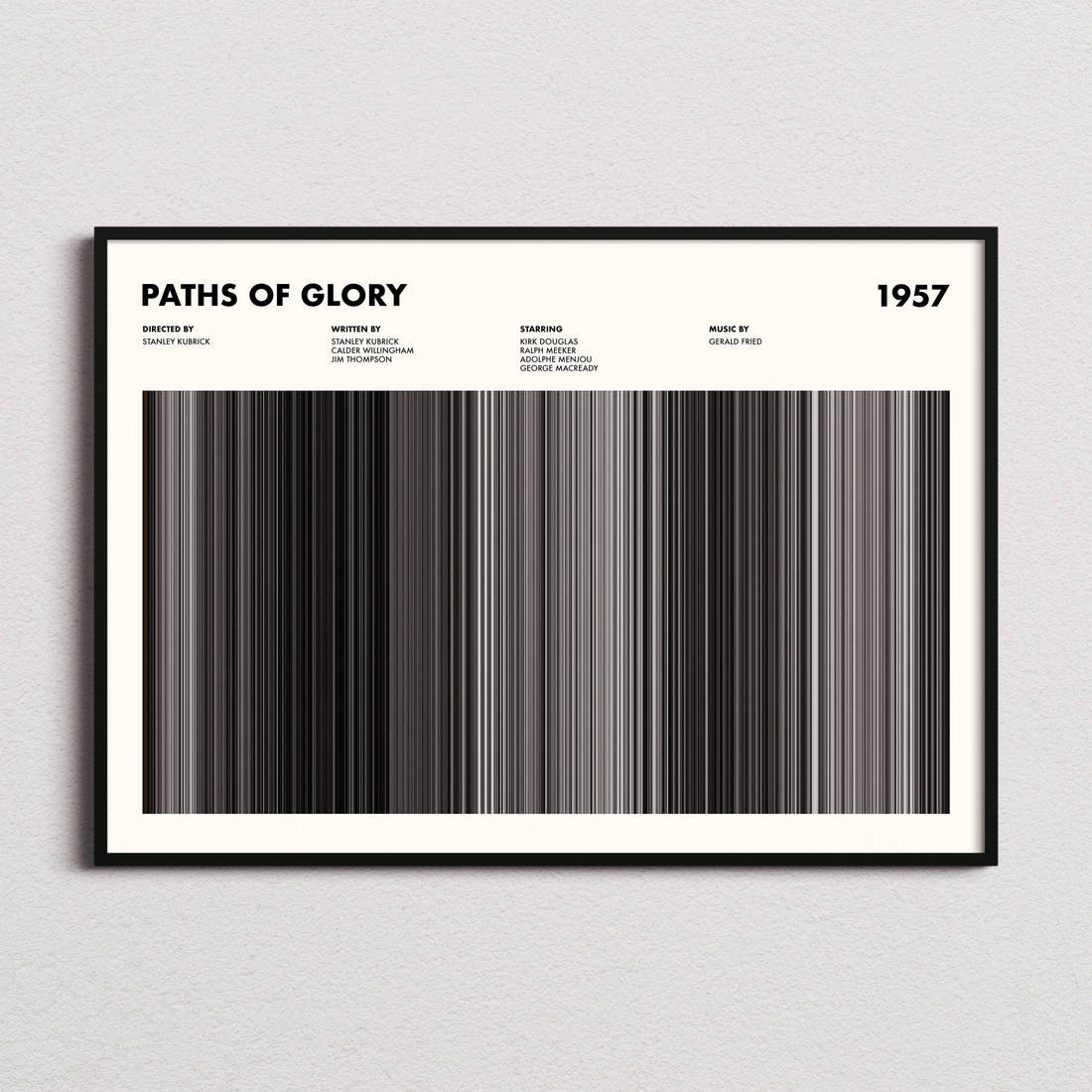 Paths Of Glory Movie Barcode Poster framed and photographed straight on