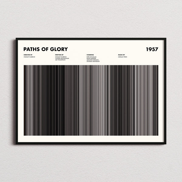 Paths Of Glory Movie Barcode Poster framed and photographed straight on
