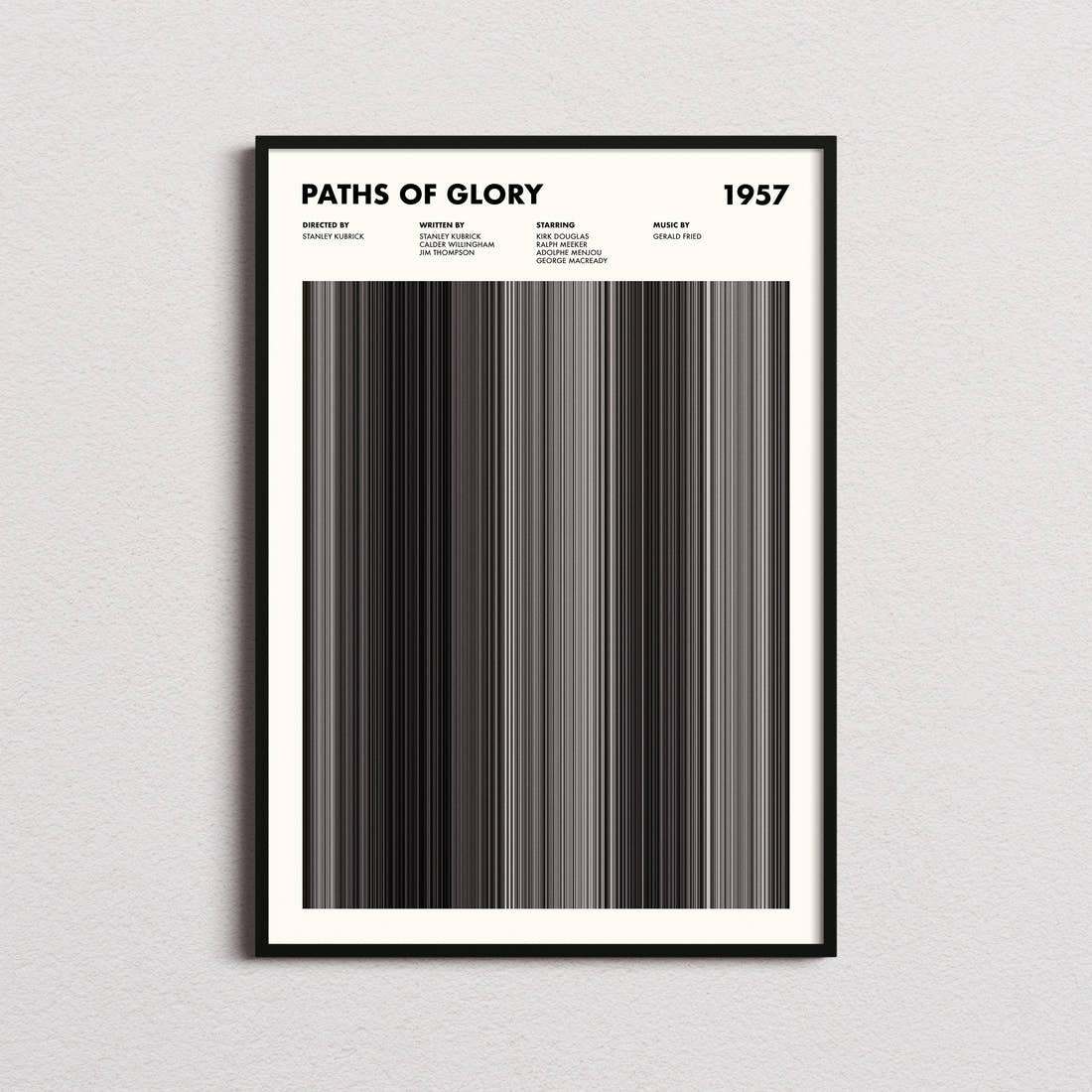 Paths Of Glory Movie Barcode Poster framed on a plain studio wall