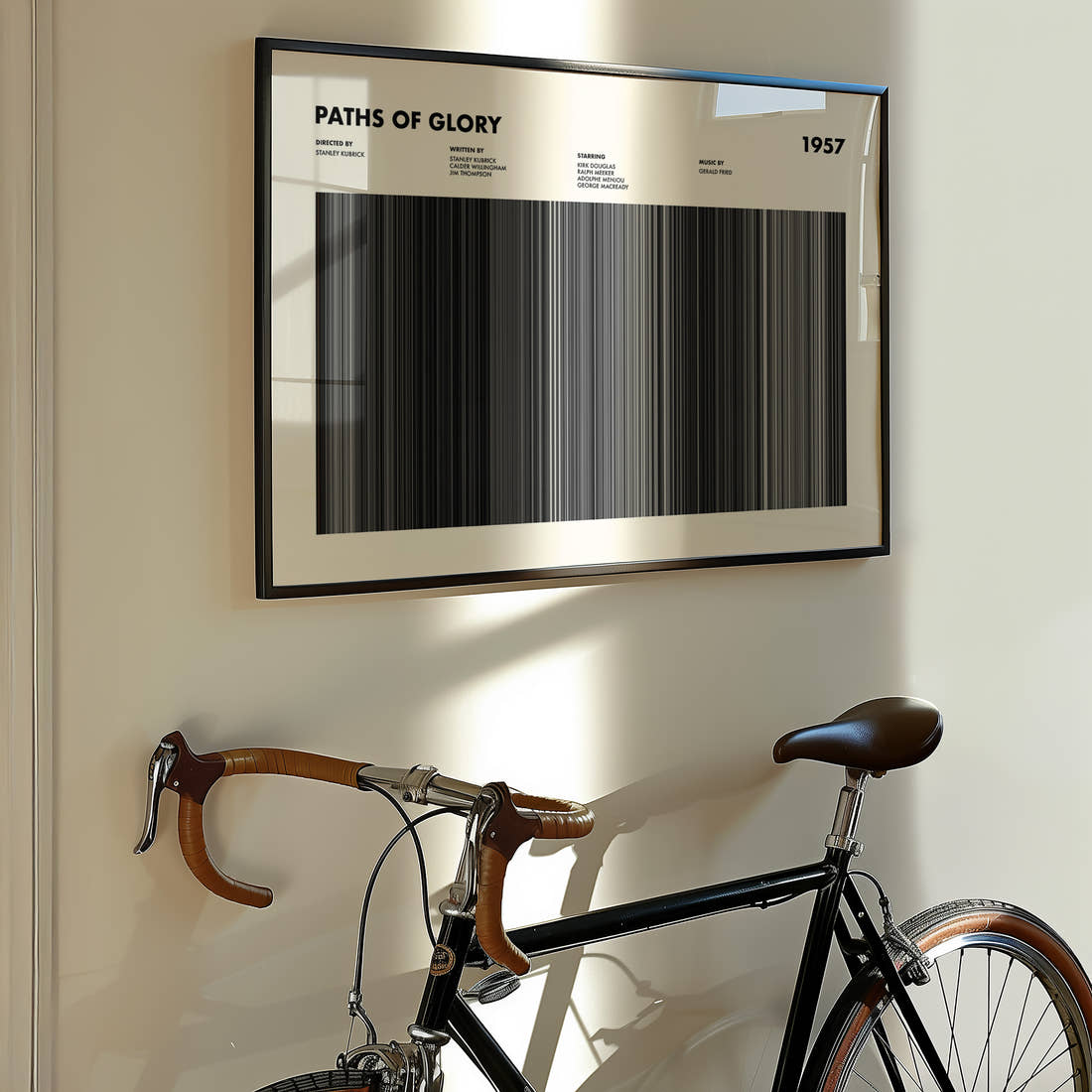 Paths Of Glory Movie Barcode Poster framed on the wall of a styled room setting