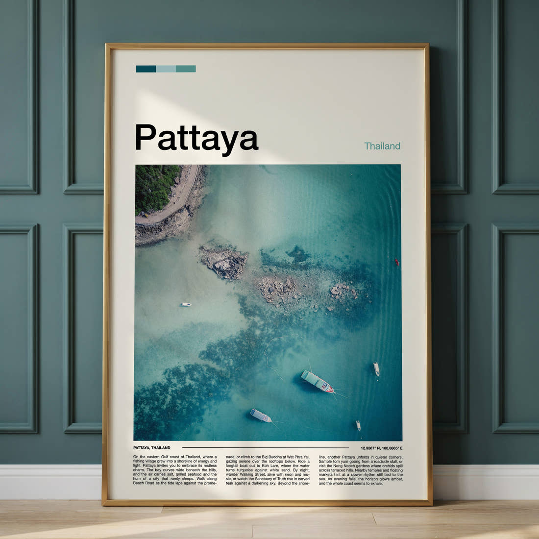 Pattaya Aerial Turquoise Coastline Travel Print framed on the wall of a calm, neutral bedroom