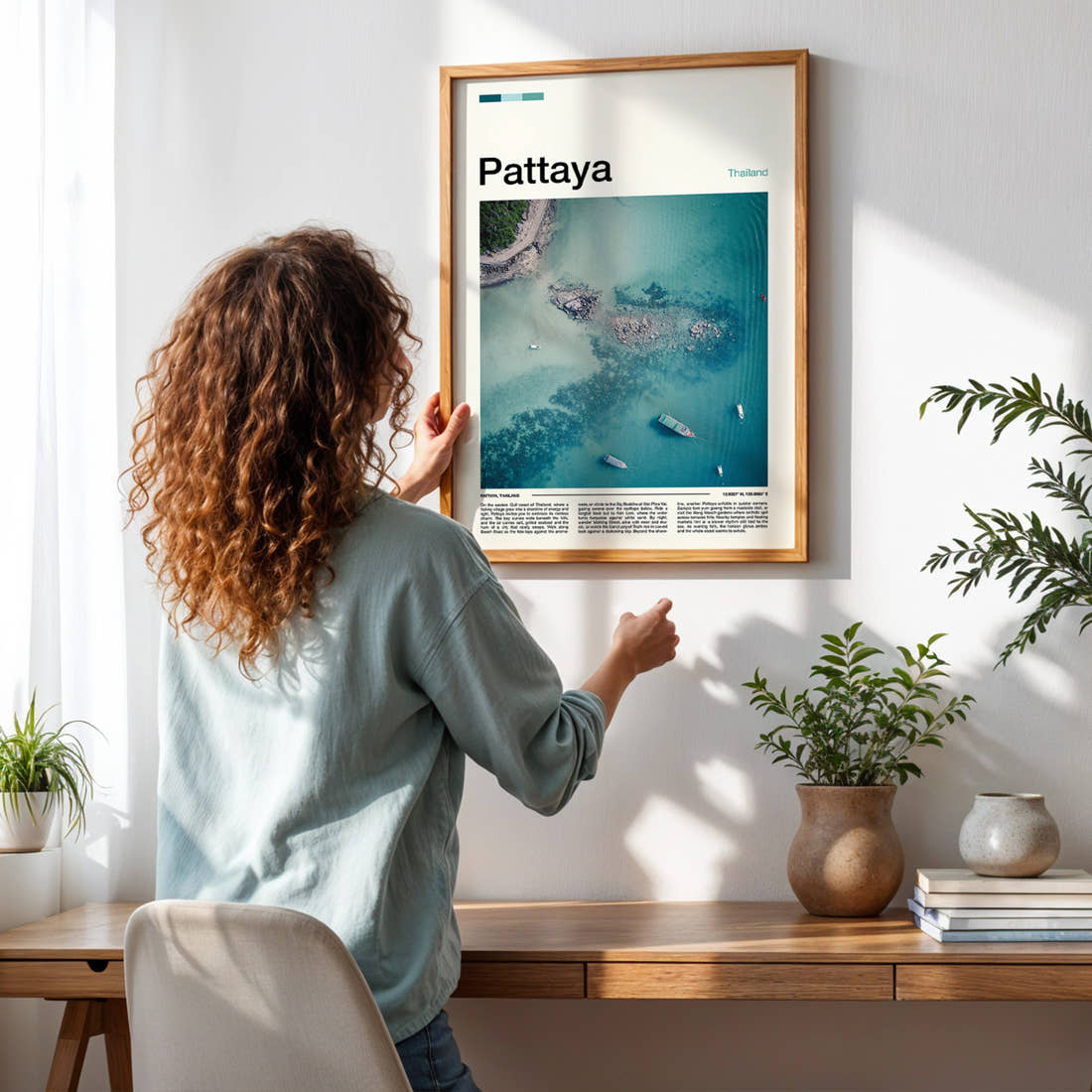 Pattaya Aerial Turquoise Coastline Travel Print framed on a pale wall beside houseplants