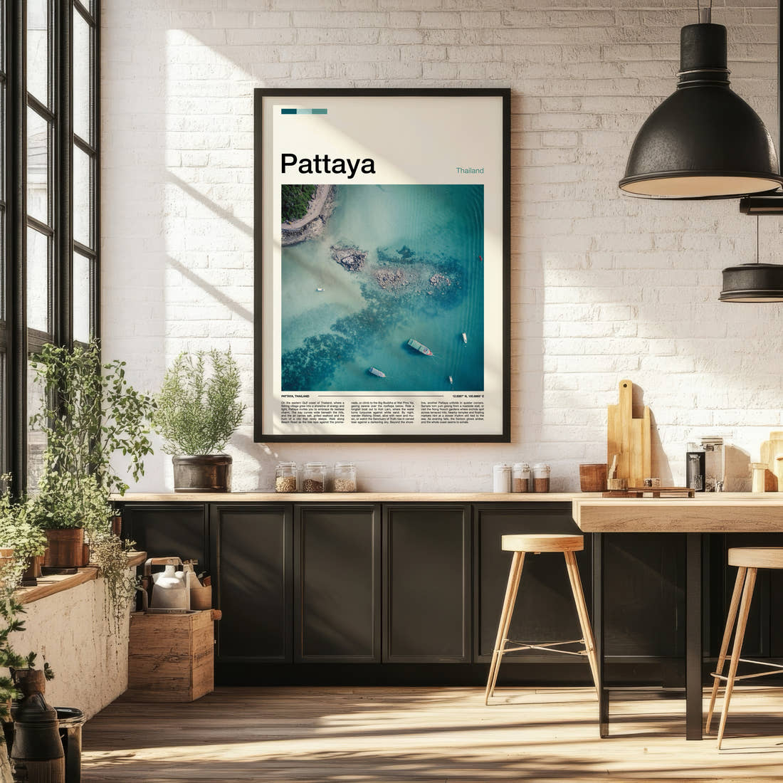 Pattaya Aerial Turquoise Coastline Travel Print framed on the wall of a bright kitchen and dining space