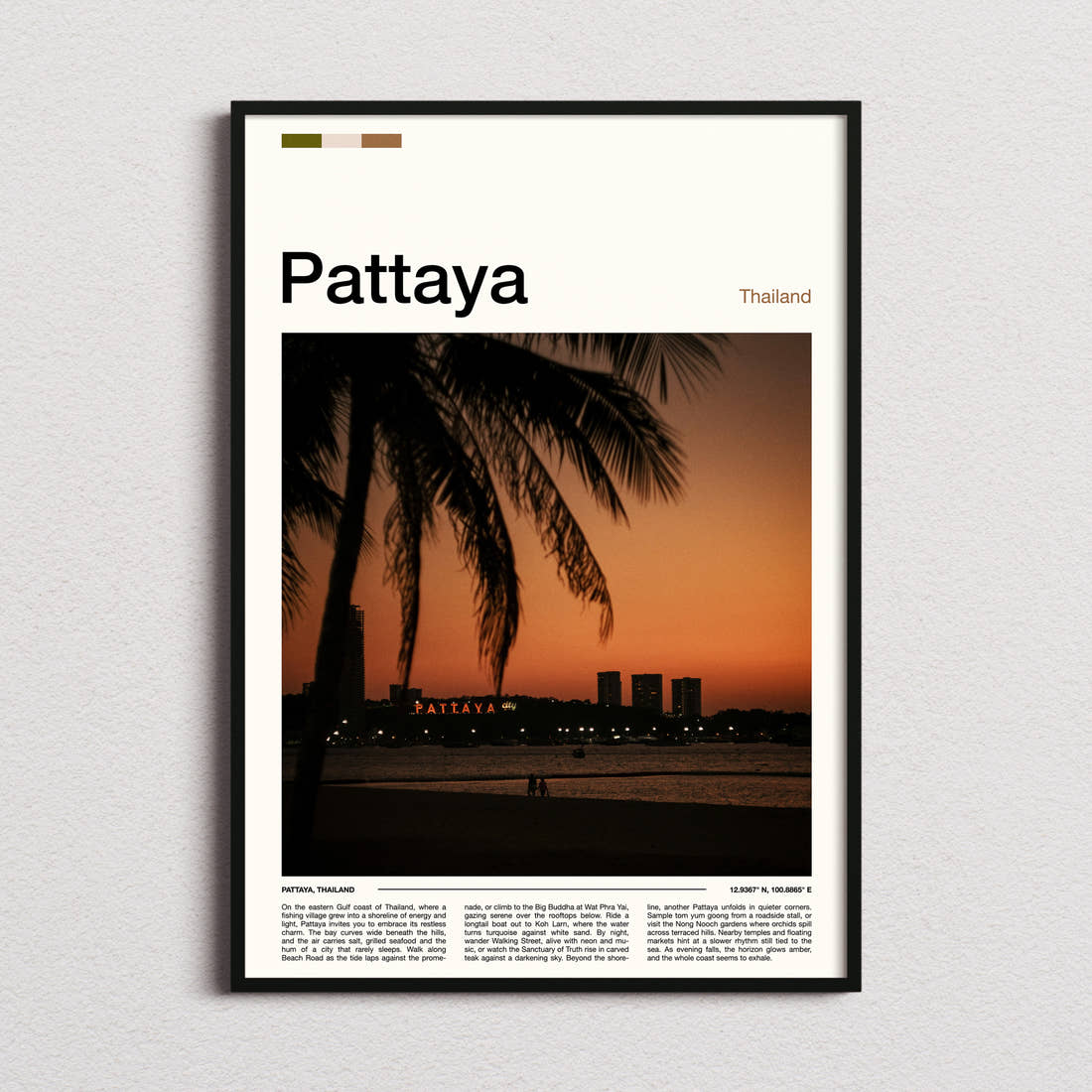 Pattaya Palm-Framed Sunset Skyline Travel Print framed and photographed straight on