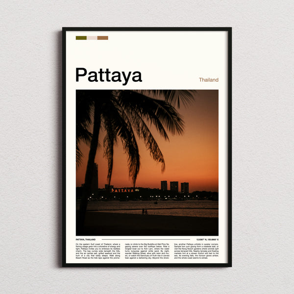 Pattaya Palm-Framed Sunset Skyline Travel Print framed and photographed straight on