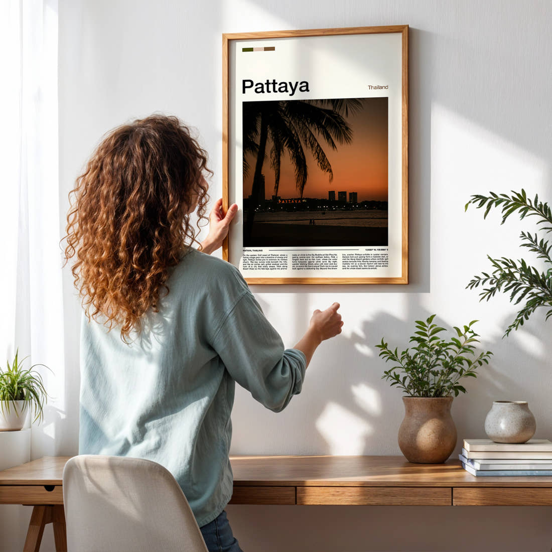 Pattaya Palm-Framed Sunset Skyline Travel Print framed on a pale wall beside houseplants