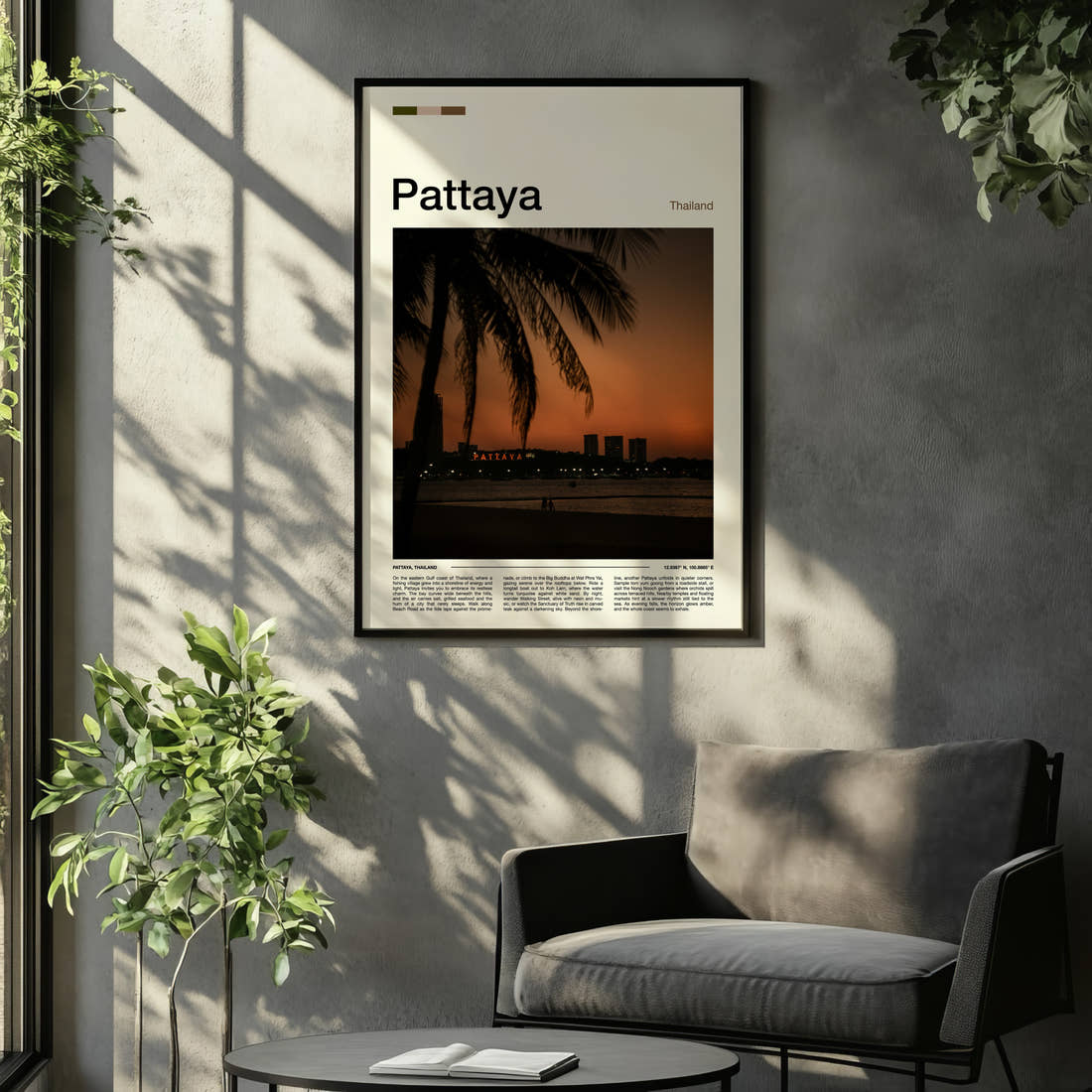 Pattaya Palm-Framed Sunset Skyline Travel Print framed on the wall of a relaxed living room