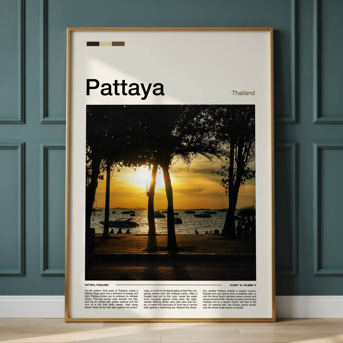 Pattaya Palm-Framed Sunset Travel Print framed on the wall of a calm, neutral bedroom