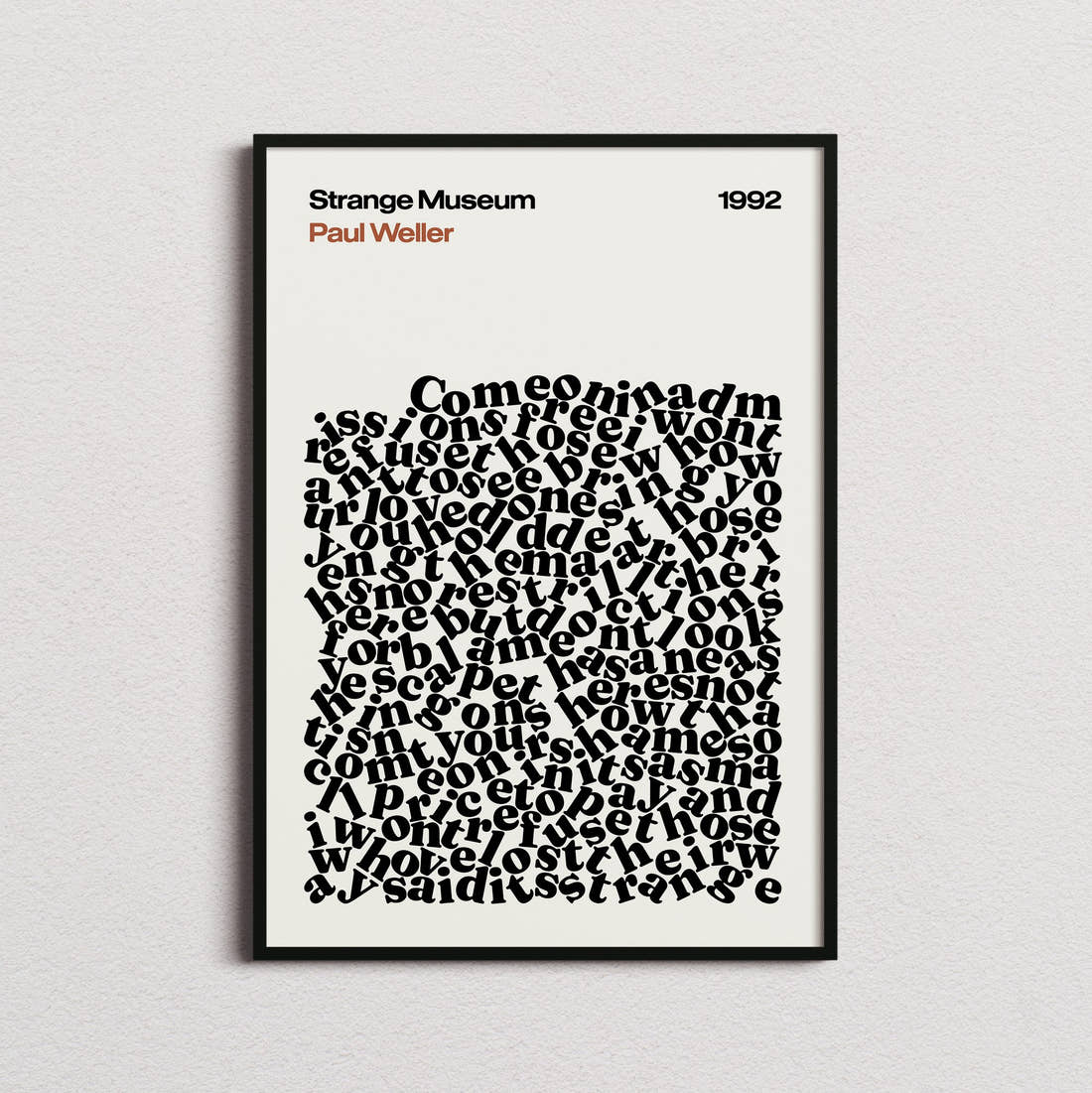 Paul Weller Strange Museum Lyric Print in the cream colourway, framed
